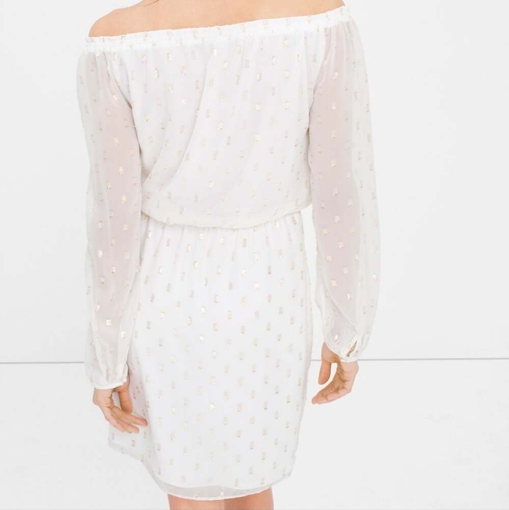 WHBM White with Gold accents off the shoulder dress Size M